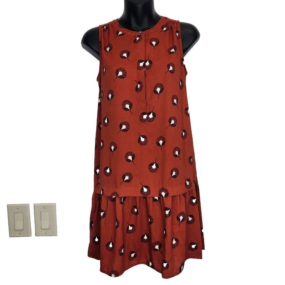 LOFT Sleeveless Shift Dress XS Orange Botanical‎ Drop Waist Flounce Ruffle Hem
